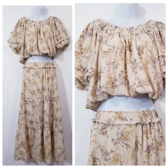 Moon River Floral Ruffle Crop top Puffed Sleeves & Tiered Maxi Skirt Outfit Set - Picture 1 of 13